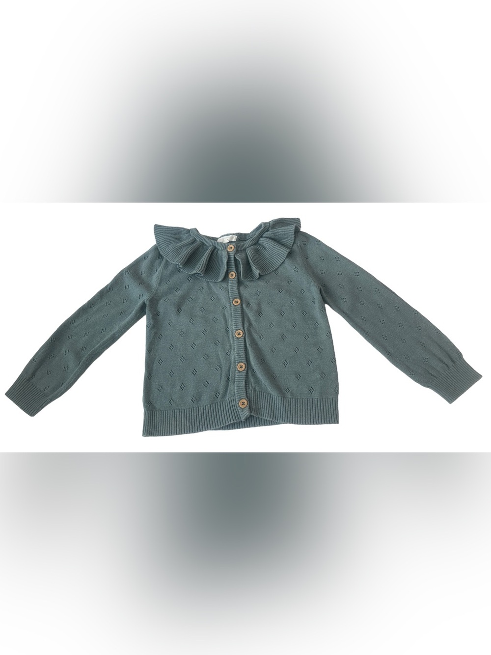 Grayson Collective girl’s Ruffled Collar Knit Cardigan in Dusty Teal.  Size 4T.